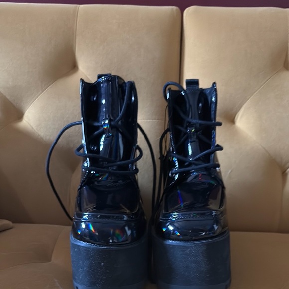 T.U.K Black Holographic Lace Up Boots - Picture 3 of 7
